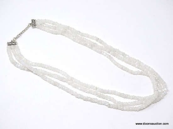 18" - 20" AAA QUALITY 530.00 CTS; 3 STRAND; NATURAL BLUE FLASH MOONSTONE 4 - 6 MM BEAD NECKLACE;