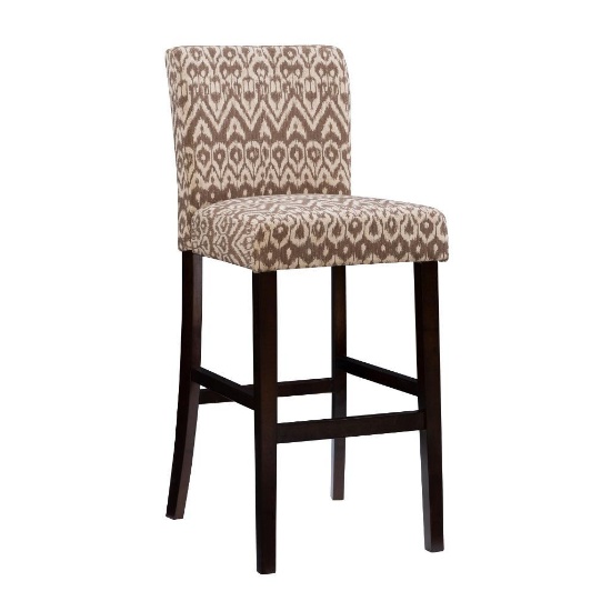 (R1) LINON MEADE COCONUT AND OFF-WHITE IKAT BAR STOOL. IS IN BOX. MEASURES 18 INCHES WIDE X 22