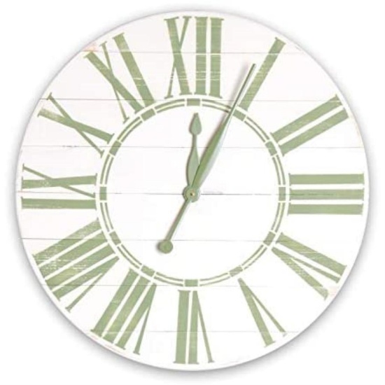 (R1) OVERSIZED WALL CLOCK IN SAGE & WHITE. MEASURES 24 IN X 24 IN. IS IN BOX. ITEM IS SOLD AS IS