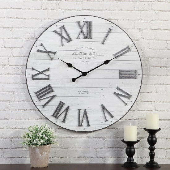 (R1) EMMETT FARMHOUSE SHIPLAP WALL CLOCK. MEASURES 27 IN X 2 IN X 27 IN. ITEM IS SOLD AS IS WHERE IS