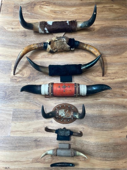 (12L) COLLECTION OF CATTLE STEER GOAT HORNS MOUNTED TAXIDERMY PAIRS (LARGEST IS 29 INCHES ACROSS)