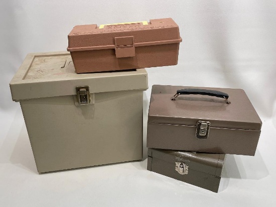 (12L) LATCHING BOXES INCLUDING 13 INCH LARGE PLASTIC STORAGE BOX; SMALL TACKLE BOX; AND TWO METAL