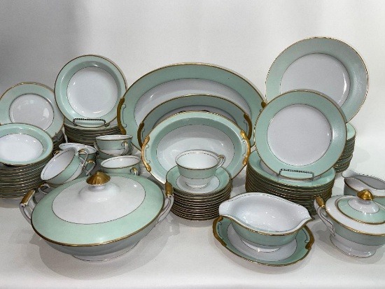 (12L) SONE CHINA GREEN RIM CRAFTSMAN AQUA JAPAN SET OF DINNERWARE PLACE SETTINGS FOR 10 WITH EXTRAS;