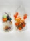 (5E) JAR OF HALLOWEEN TRINKETS & GLASS HAND BLOWN PURSE WITH CANDY CORN DECORATION (9 INCHES TALL)