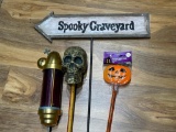 (6F) CREEPY YARD STAKES: SPOOKY GRAVEYARD, PRIEST INCENSE BURNER, JACK O LANTERN, IMPALED SKULL