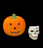 (9I) CERAMIC JACK O LANTERN PUMPKIN (7-INCH) AND CREEPY SKULL VOTIVE TE LIGHT CANDLE HOLDER