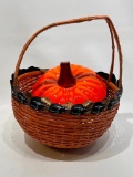 (7G) PUMPKIN BASKET CENTERPIECE DECORATION WITH POTTERY PUMPKIN TOP AND MOSAIC SHARDS (10 INCH)