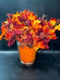 (6F) 20 INCH ARTIFICIAL AUTUMN LEAVES FALL CENTERPIECE WITH LARGE ETCHED CRYSTAL VASE