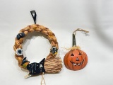 (6F) HALLOWEEN WITCH BRAIDED HAY WREATH (10 INCH) AND WOOD JACK O LANTERN FACE