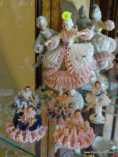 (FR) PARTIAL SHELF LOT OF (6) ASSORTED DRESDEN DANCING PORCELAIN FIGURINES. SOME MARKED DRESDEN AND