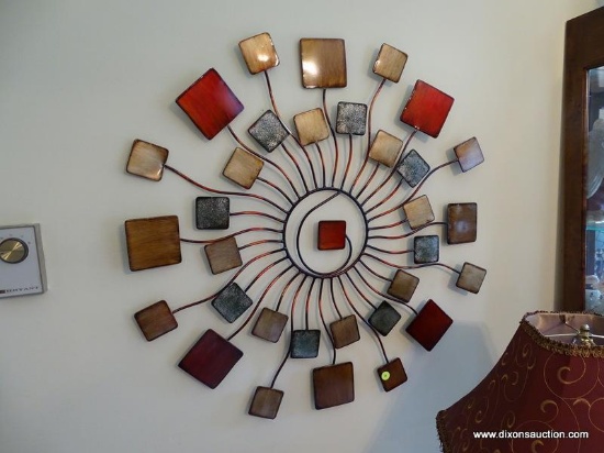 (FR) DECORATIVE WALL ART. CIRCULAR PATTERN WITH MULTI-COLORED SQUARE ADORNMENTS. MEASURES APPROX.