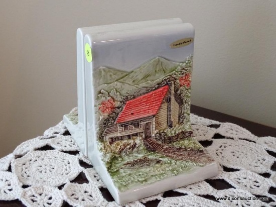 (FR) PAIR OF COUNTRY WATERMILL THEMED CERAMIC BOOKENDS. HAS STICKER WHICH READS "OMC".