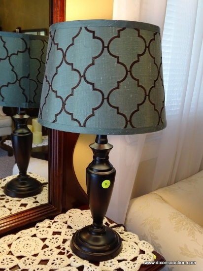 (FR) CONTEMPORARY BRUSHED METAL TABLE LAMP WITH TURQUOISE GEOMETRIC SHADE. MEASURES APPROX. 19"