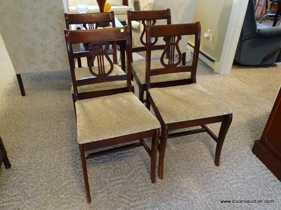 (DR) MAHOGANY AND CREAM COLORED UPHOLSTERED LYRE BACK DINING CHAIRS.