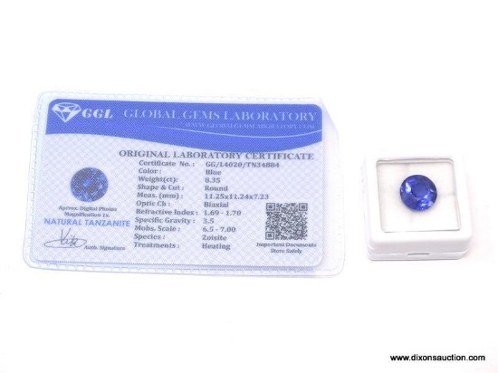 8.35 CT ROUND TANZANITE 11 X 11 X 7. IS GGL CERTIFIED. ITEM IS SOLD AS IS WHERE IS WITH NO