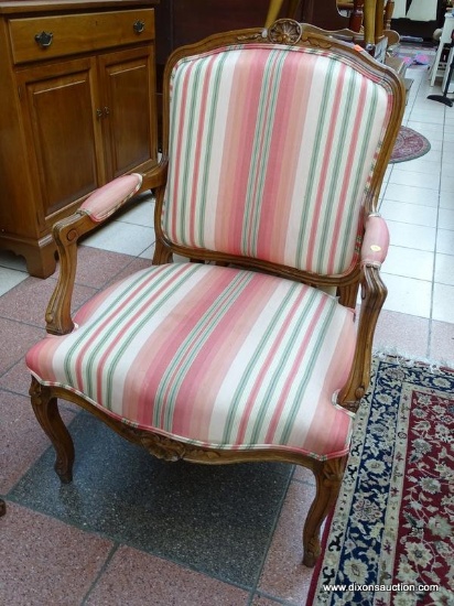 (R1) ESTATE OWNED PECAN WOOD FINISH ARM CHAIR WITH STRIPE UPHOLSTERED BACK, ARMS, AND SEAT. IS 1 OF