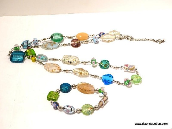 (SC) MULTI COLOR GLASS BEAD NECKLACE 32 IN AND MATCHING BRACELETTE. ITEM IS SOLD AS IS, WHERE IS,
