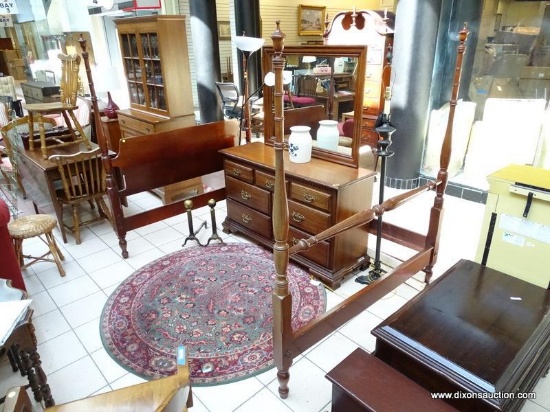 (R1) MAHOGANY QUEEN SIZE 4 POSTER BED WITH REMOVABLE FINIALS AND WOODEN RAILS. ITEM IS SOLD AS IS