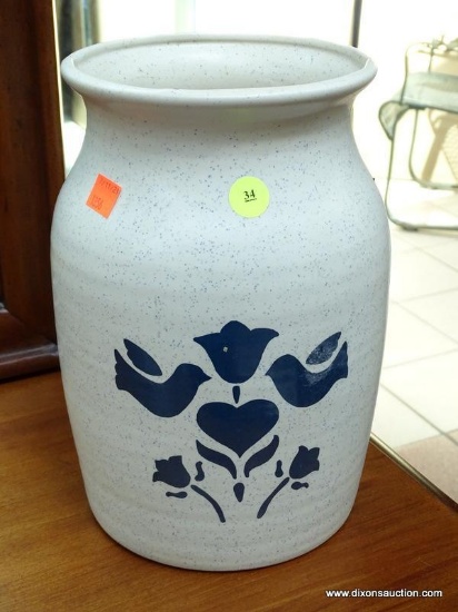 (R1) BLUE PAINTED CROCK WITH TULIP AND BIRD PATTERN. MEASURES 8 IN X 11 IN. ITEM IS SOLD AS IS WHERE