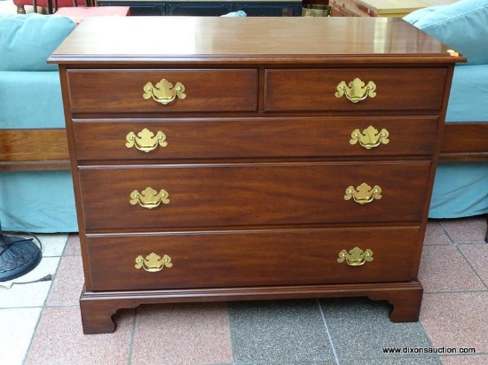 (R3) HENKEL HARRIS SOLID WILD CHERRY 4 DRAWER CHEST WITH BRASS CHIPPENDALE STYLE PULLS. HAS