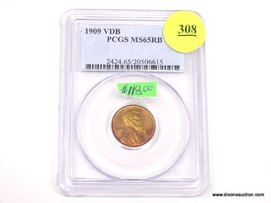 1909 VDB LINCOLN WHEAT PENNY - MS 65 RB - GRADED BY PCGS #2424.65/20506615.