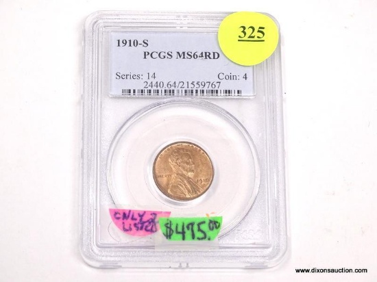 1910-S LINCOLN WHEAT PENNY - MS 64 RD - GRADED BY PCGS #2440.64/21559767.