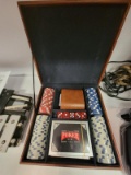 (BAY 7) POKER SET WITH CHIPS, DICE, CARD HOLDER, AND LEATHER CARRYING CASE. ITEM IS SOLD AS IS WHERE