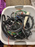 (BAY 7) BASKET LOT TO INCLUDE ASSORTED CORDS, 2 SMALL CERAMIC LAMPS, SMALL PANASONIC SPEAKERS, AN
