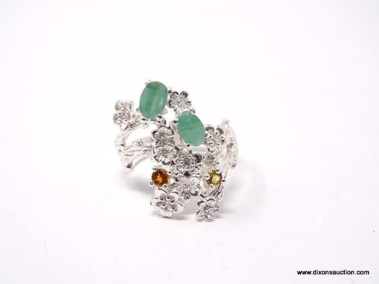 .925 AAA CUSTOM FLOWER DESIGN; WITH NATURAL AFRICAN EMERALD CITRINE; GOLDEN TOPAZ; BAND HAS A BRANCH