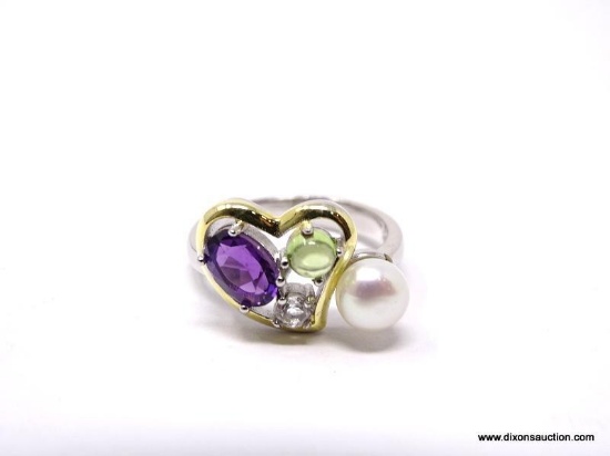 .925 AAA QUALITY MULTI COLORED STONES; HEART CUSTOM DESIGN WITH FRESHWATER PEARL; AMETHYST; PERIDOT;