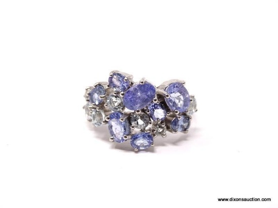 .925 AAA UNHEATED GORGEOUS VIOLET FACETED BLUE TANZANITE CLUSTER; WHITE SAPPHIRE ACCENTS; SIZE 7.75