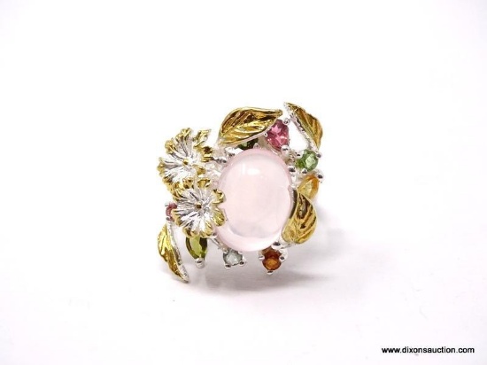 .925 AAA TOP QUALITY CUSTOM RING DESIGN NATURAL PINK ROSE QUARTZ CENTER STONE; FLOWER DESIGN WITH