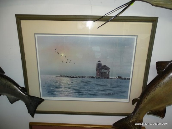 FRAMED PRINT TITLED "CEDAR POINT LIGHT" BY HARRY LAMAR RICHARDSON. IS PENCIL SIGNED AND NUMBERED