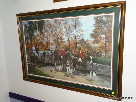 LARGE FRAMED HUNTING PRINT TITLED A SALUTE TO THE HOST BY ARTIST MARY JAGGER. IS PENCIL SIGNED AND