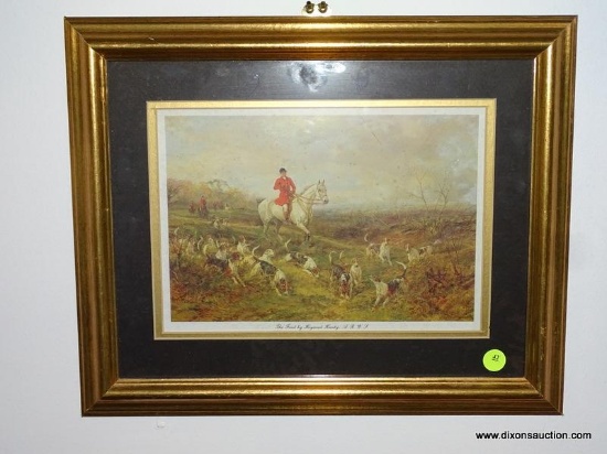 FRAMED HORSE AND HOUND HUNTING PRINT TITLED THE FIND BY ARTIST HEYWOOD HARDY. IS DOUBLE MATTED AND