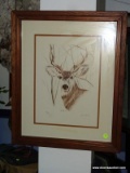 FRAMED PRINT OF WHITE TAIL BUCK BY JANE PARTIN. IS PENCIL SIGNED AND NUMBERED 129 / 950. IS DOUBLE