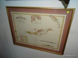 FRAMED ANTIQUE STYLE MAP OF THE VIRGIN ISLANDS. IS MATTED AND FRAMED IN A GOLD TONE FRAME. MEASURES