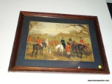 FRAMED HORSE AND HOUND HUNTING PRINT. MATTED AND FRAMED IN A CHERRY TONE FRAME. MEASURES