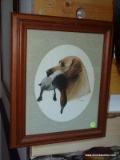 FRAMED PRINT OF A BLONDE LAB WITH A DUCK. FRAMED IN A WOODEN FRAME. ITEM IS SOLD AS IS WHERE IS WITH