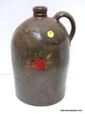 ANTIQUE SINGLE HANDLE STONEWARE WHISKEY JUG. ITEM IS SOLD AS IS WHERE IS WITH NO GUARANTEE OR