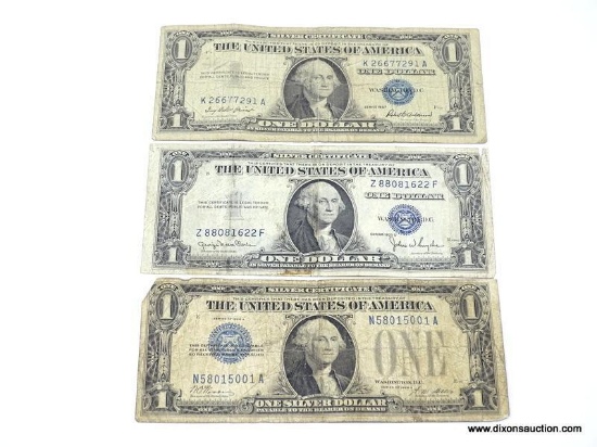 LOT TO INCLUDE A 1935 D, AND 1957 $1 SILVER CERTIFICATES AS WELL AS A 1928-A $1 SILVER CERTIFICATE
