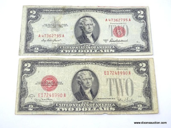 2 RED SEAL $2 UNITED STATES NOTES. 1 IS A 1928-G AND 1 IS A 1953-A. ITEM IS SOLD AS IS, WHERE IS,
