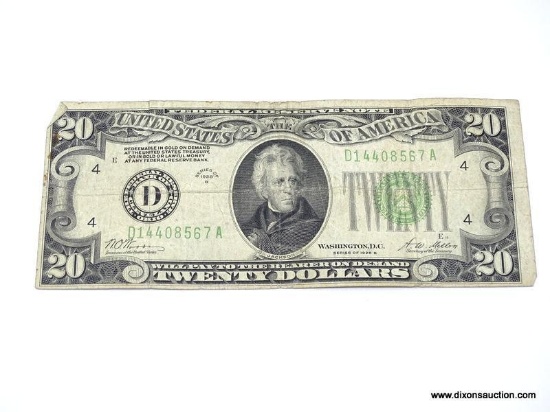 1928-B $20 FEDERAL RESERVE NOTE. ITEM IS SOLD AS IS, WHERE IS, WITH NO GUARANTEE OR WARRANTY. NO