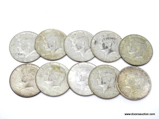 10 KENNEDY HALF DOLLARS. 1965-1969. 40% SILVER. ITEM IS SOLD AS IS, WHERE IS, WITH NO GUARANTEE OR