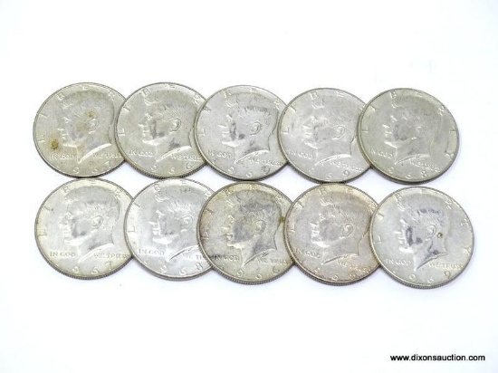 10 KENNEDY HALF DOLLARS. 1965-1969. 40% SILVER. ITEM IS SOLD AS IS, WHERE IS, WITH NO GUARANTEE OR