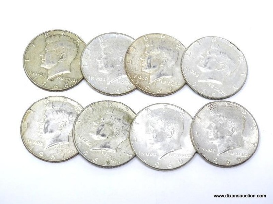 8 KENNEDY HALF DOLLARS. 1965-1969. 40% SILVER. ITEM IS SOLD AS IS, WHERE IS, WITH NO GUARANTEE OR