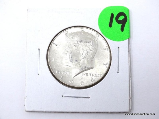 1964 KENNEDY HALF DOLLAR. 90% SILVER. ITEM IS SOLD AS IS, WHERE IS, WITH NO GUARANTEE OR WARRANTY.