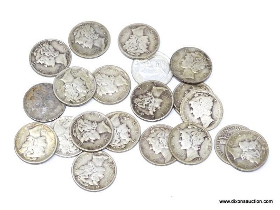 19 MERCURY DIMES AND 1 ROOSEVELT DIME. 90% SILVER. ITEM IS SOLD AS IS, WHERE IS, WITH NO GUARANTEE