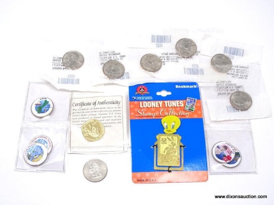 BAG WITH 13 STATE QUARTERS. 6 ARE COLORIZED. INCLUDES A LOONEY TUNES STAMP COLLECTIBLE BOOKMARK.