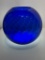 (1A) COBALT BLUE GLASS ORB VASE 9 INCH DIAMETER, SPIRAL PATTERN, HAS SOME SMALL CHIPS AROUND RIM